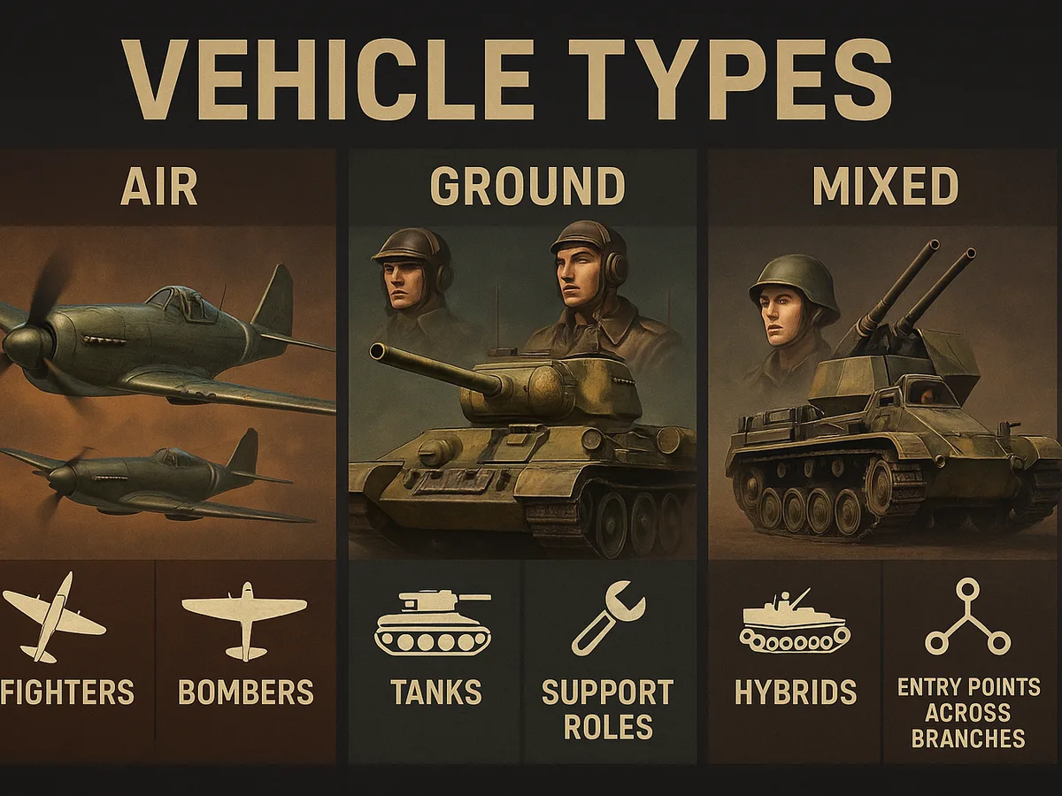 War Thunder infographic: vehicle types (air, ground, mixed) and typical roles.